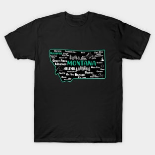 Cute map of Kalispell Montana, Helena, Missoula, Great Falls, Butte, Bozemian, Big Sky T-Shirt